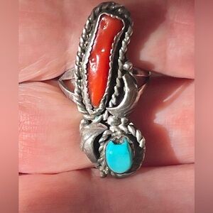 VTG Native American Navajo Sterling Turquoise Coral Ring Sz 6